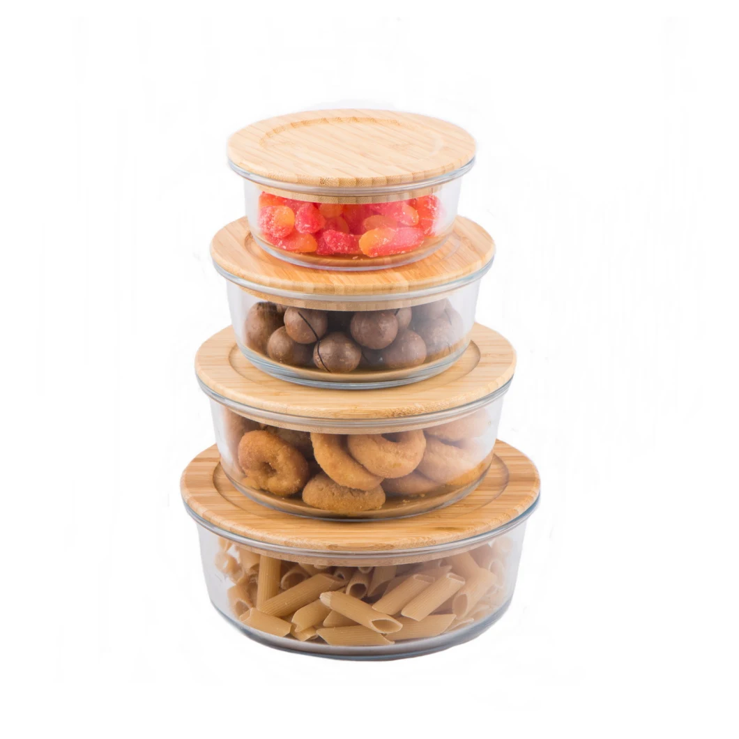 Round Glass Foods Preservation Box / Food Container / Lunch Box with Bamboo Lid